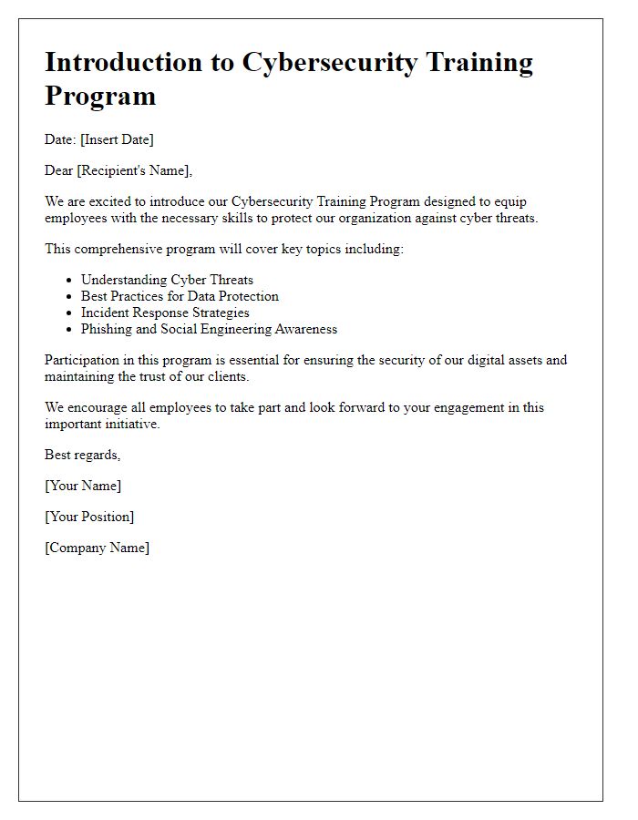 Letter template of Cybersecurity Training Program Introduction