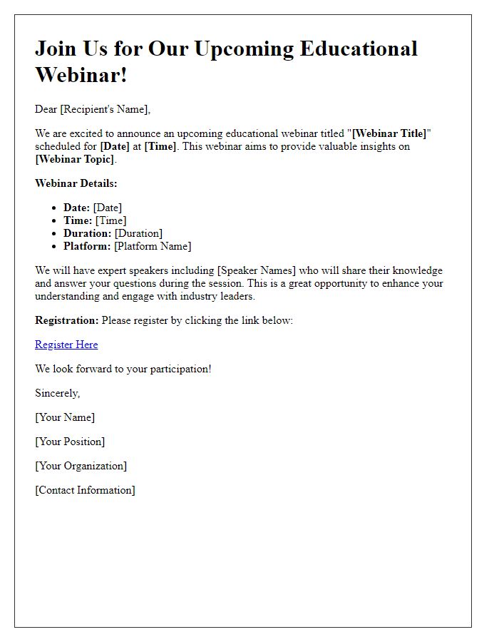 Letter template of announcement for an educational webinar introduction