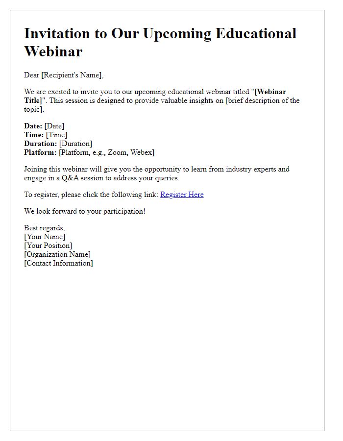 Letter template of notification for an educational webinar introduction