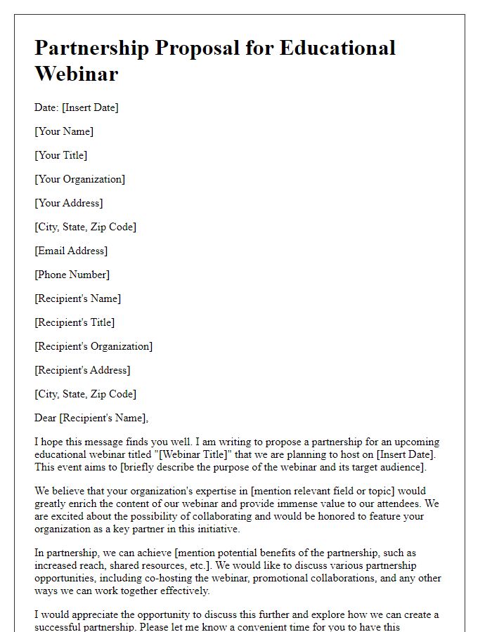 Letter template of partnership proposal for an educational webinar introduction