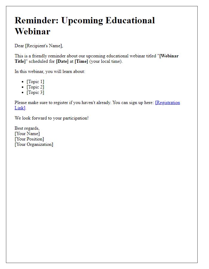 Letter template of reminder for an educational webinar introduction