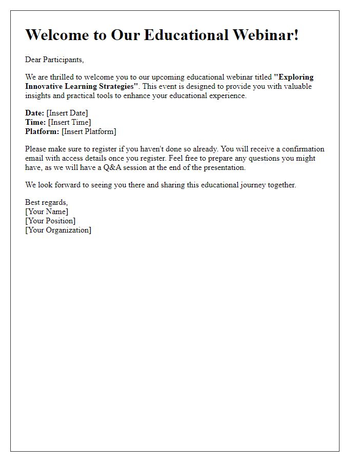 Letter template of welcome for an educational webinar introduction