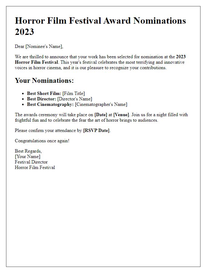 Letter template of horror film festival award nominations