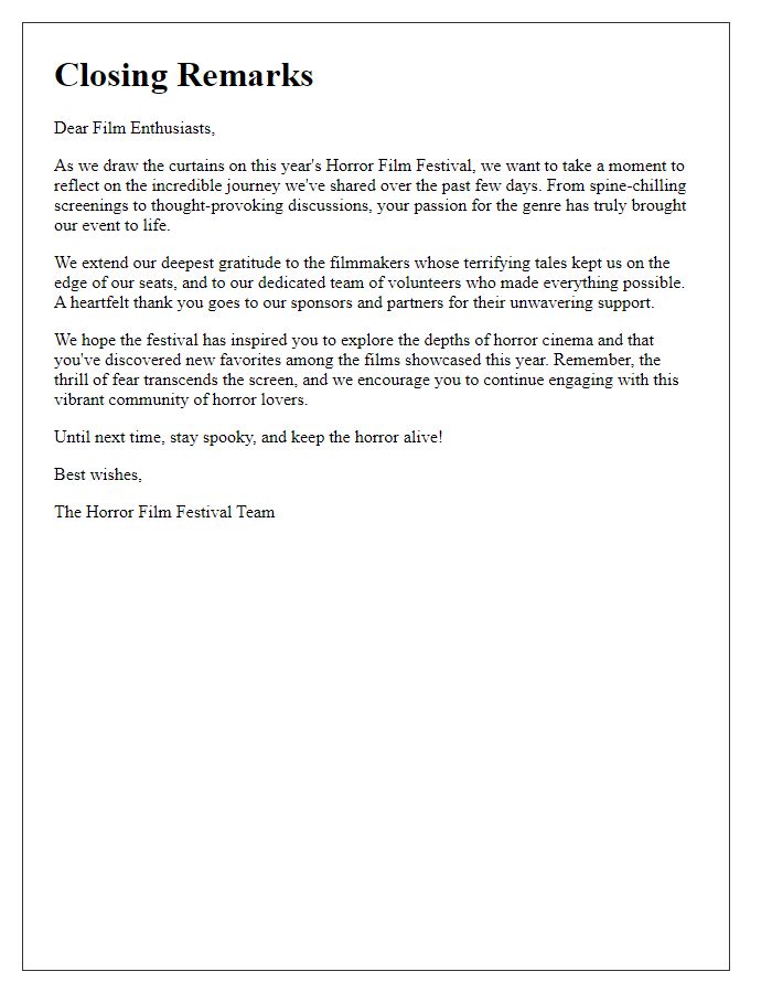 Letter template of horror film festival closing remarks