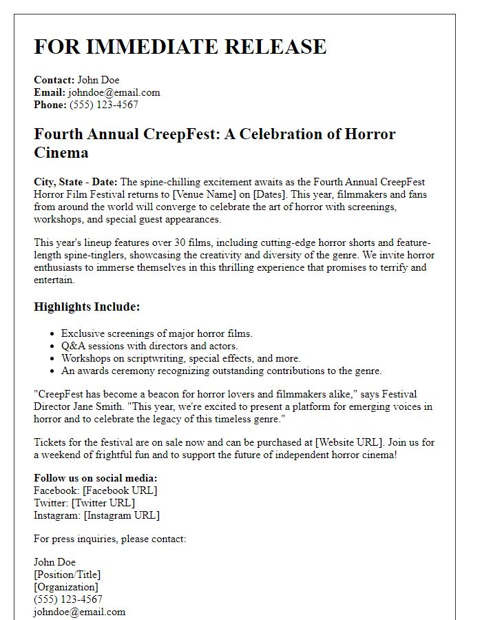 Letter template of horror film festival press release