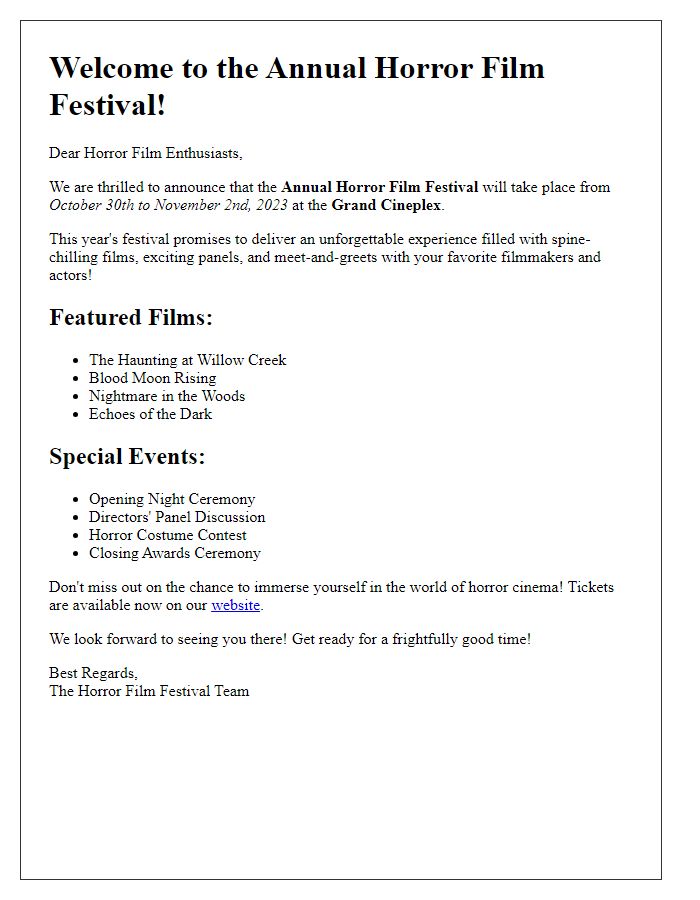 Letter template of horror film festival program announcement