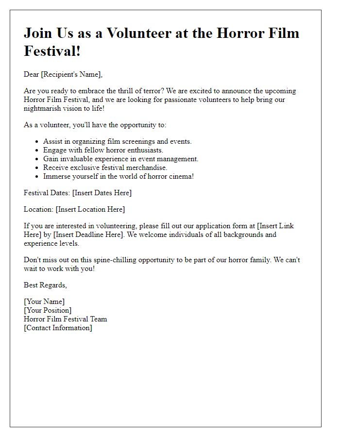 Letter template of horror film festival volunteer recruitment