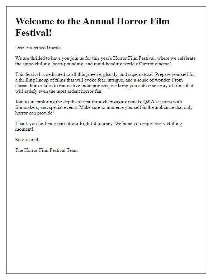 Letter template of horror film festival welcome message