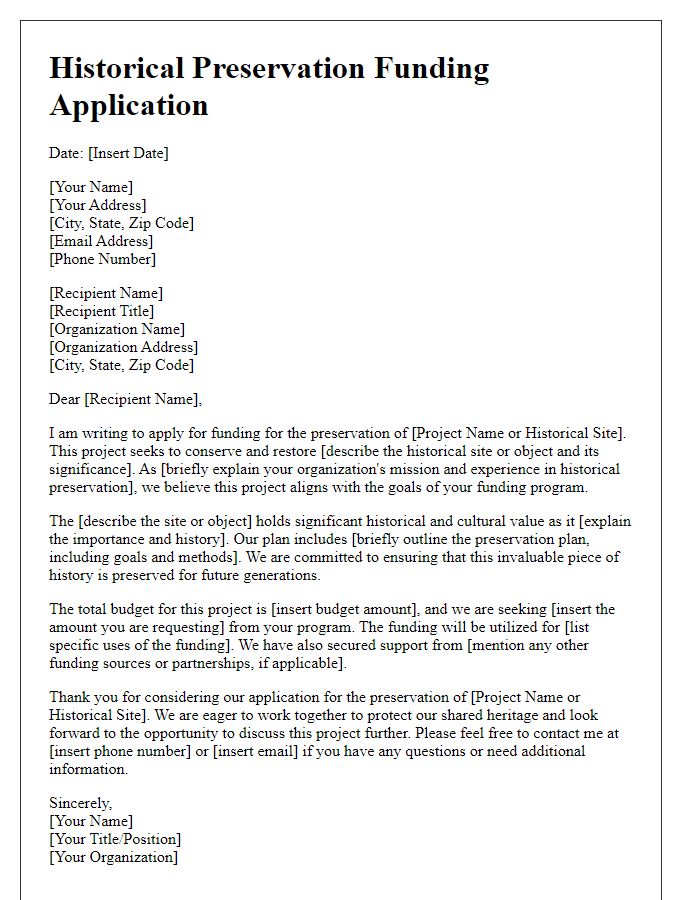 Letter template of historical preservation funding application