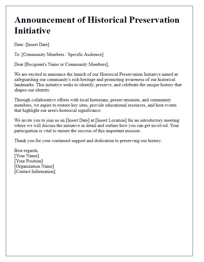 Letter template of historical preservation initiative announcement