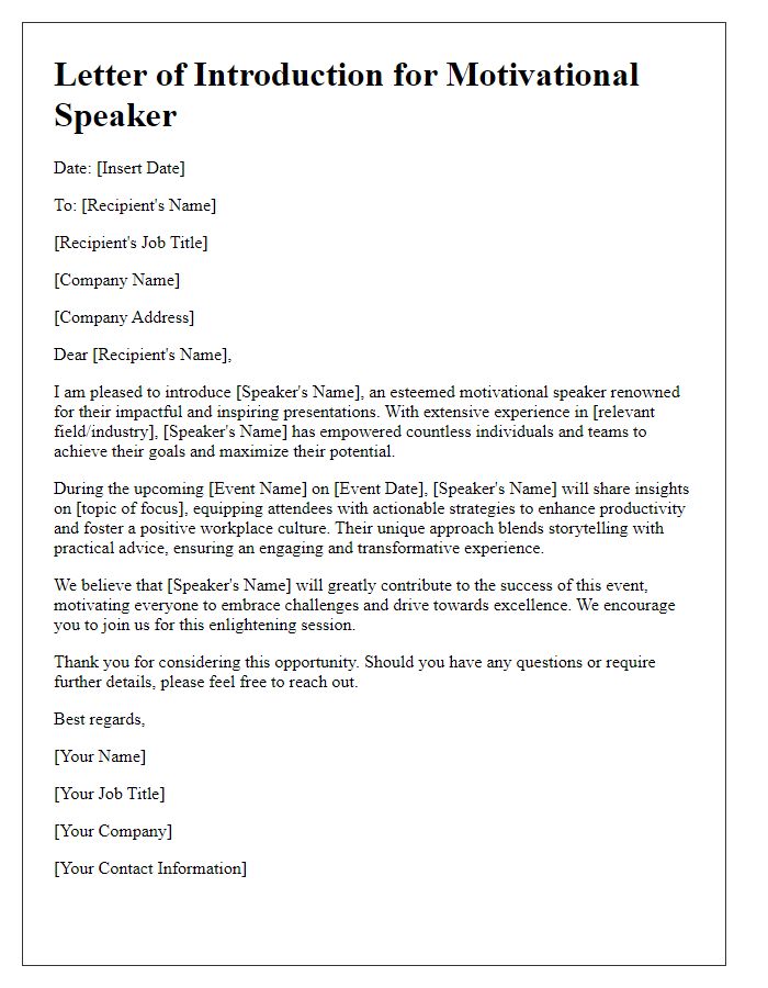 Letter template of motivational speaking introduction for corporate events