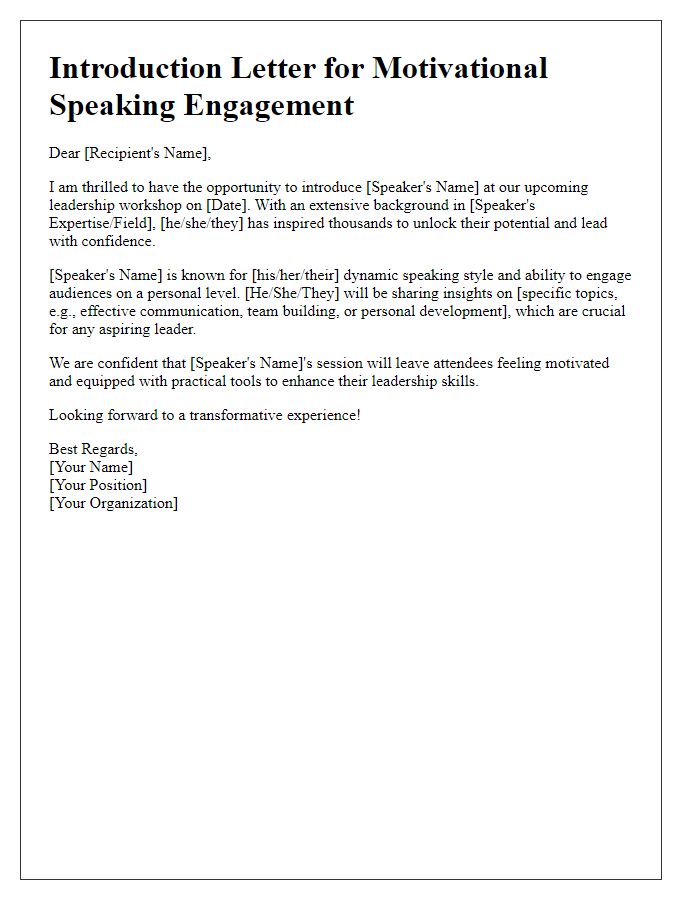 Letter template of motivational speaking introduction for leadership workshops