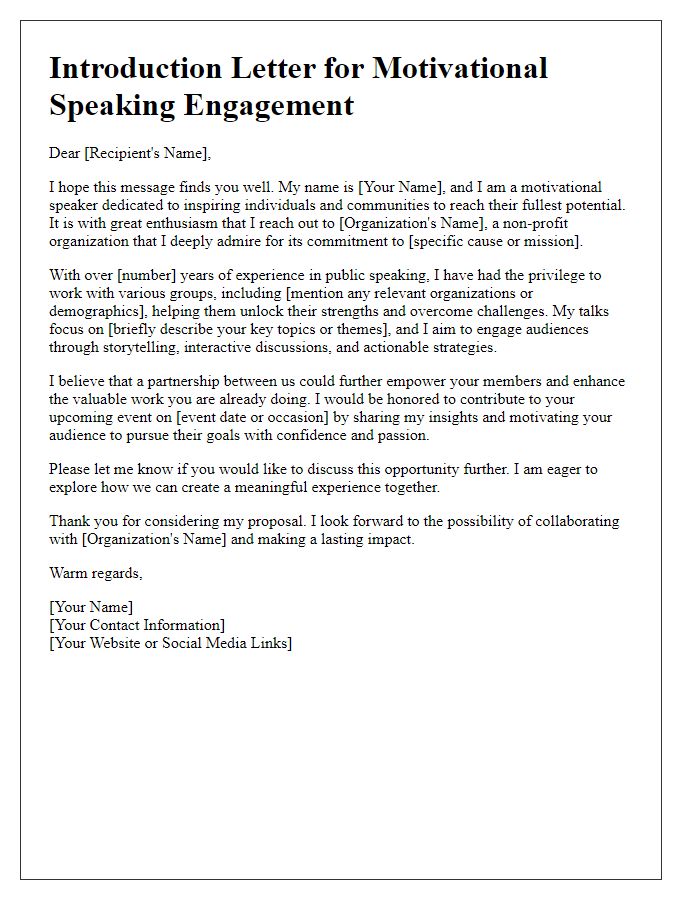 Letter template of motivational speaking introduction for non-profit organizations