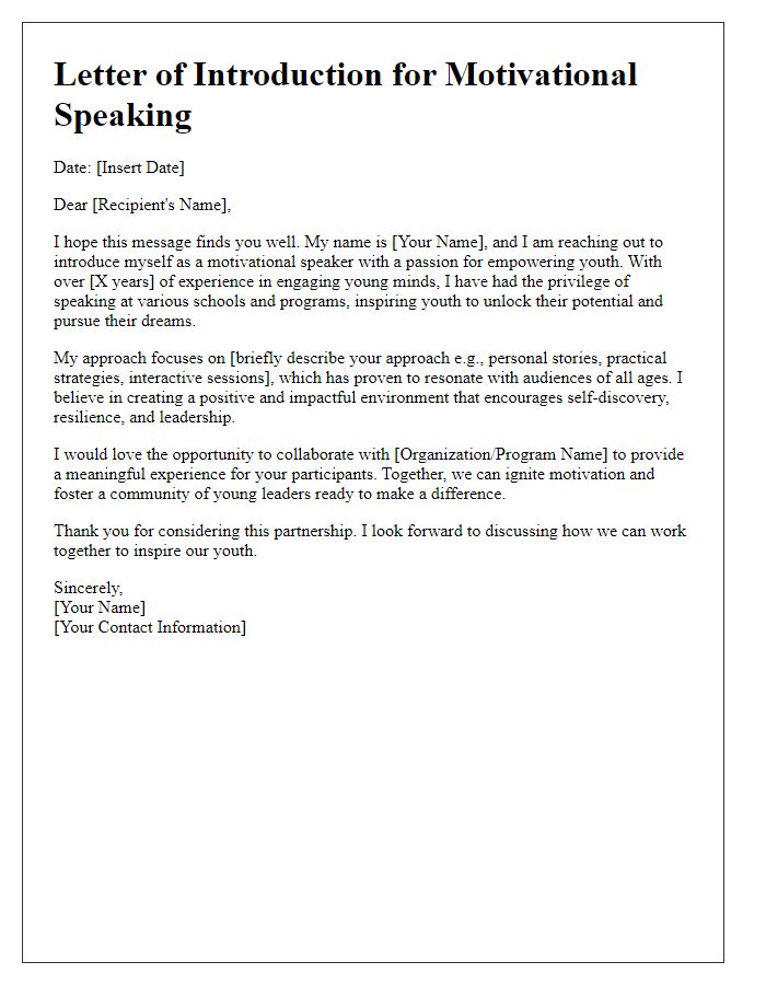 Letter template of motivational speaking introduction for youth programs