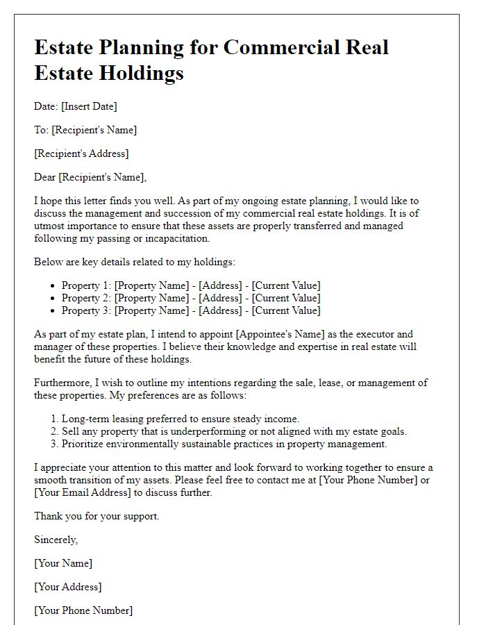 Letter template of estate planning for commercial real estate holdings