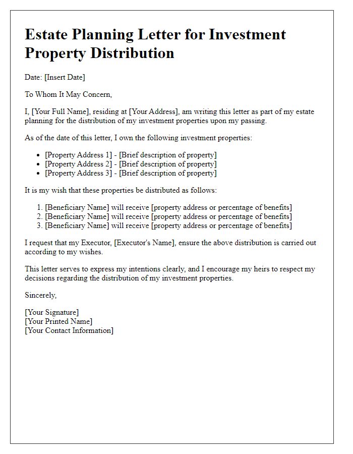 Letter template of estate planning for investment property distribution