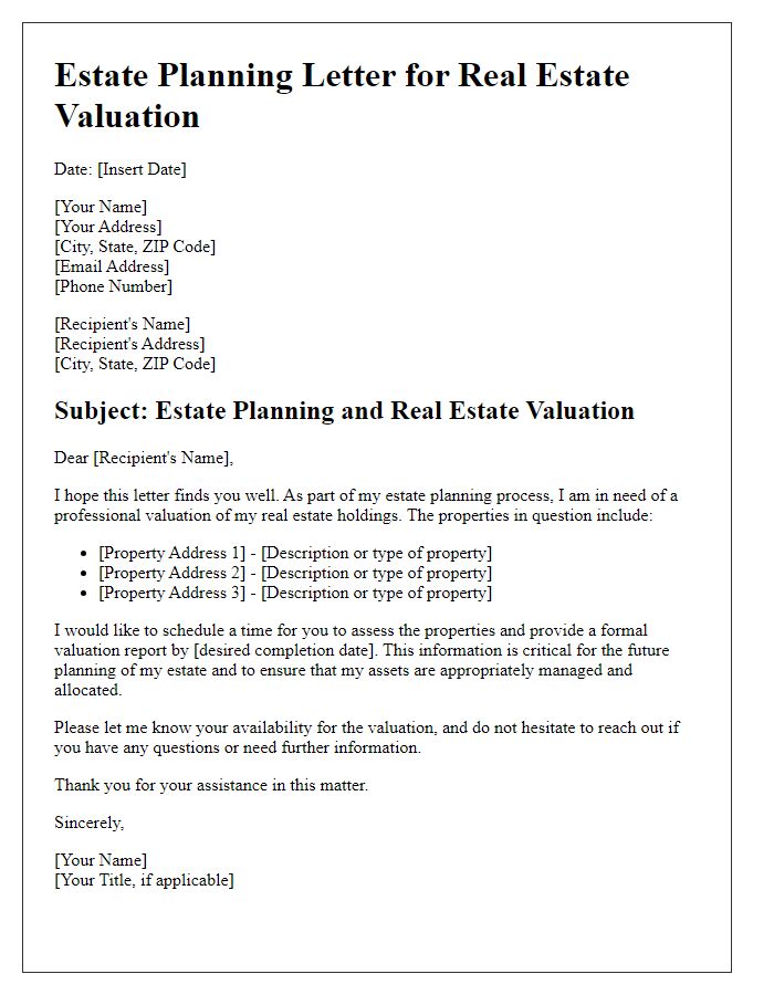 Letter template of estate planning for real estate valuation