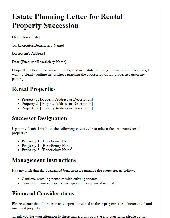 Letter template of estate planning for rental property succession