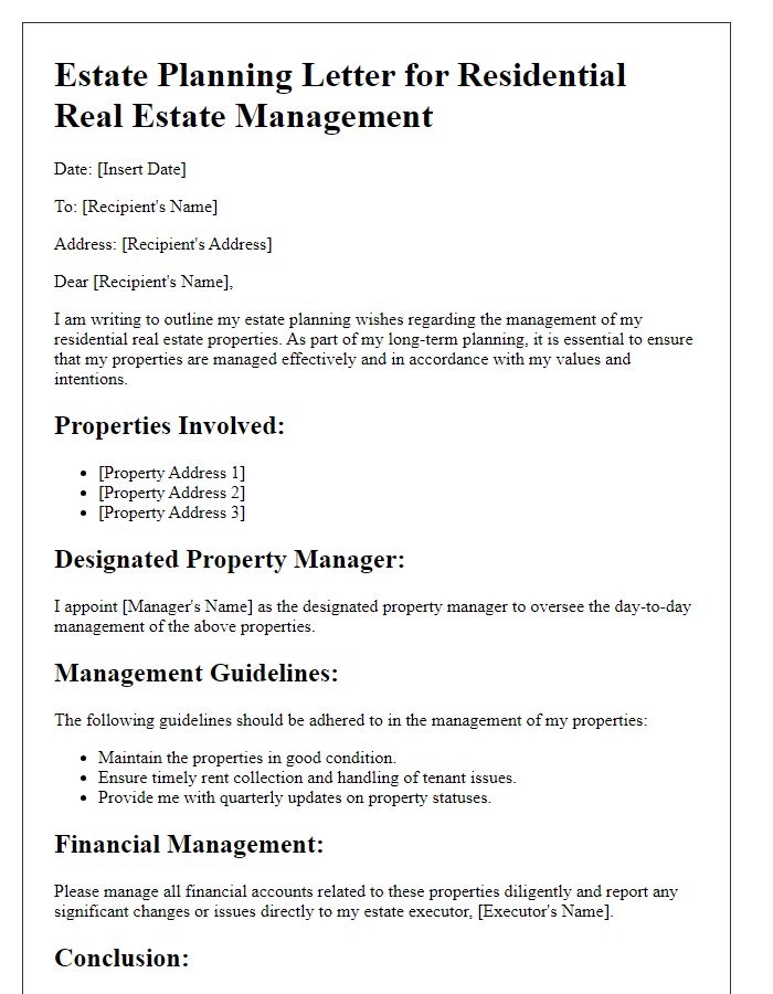 Letter template of estate planning for residential real estate management