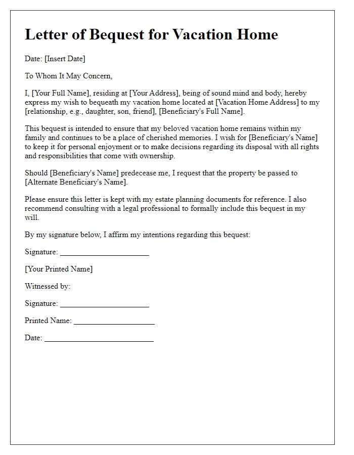 Letter template of estate planning for vacation home bequest