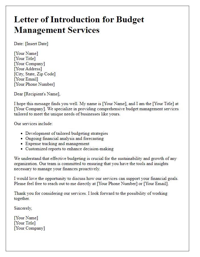 Letter template of budget management services introduction