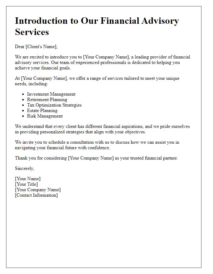 Letter template of financial advisory services introduction