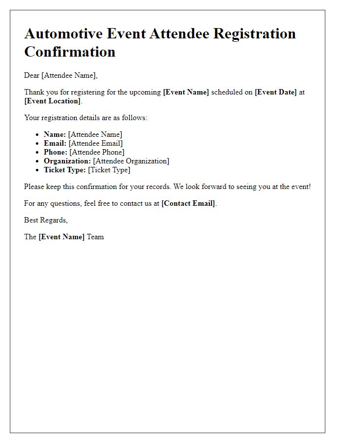 Letter template of automotive event attendee registration