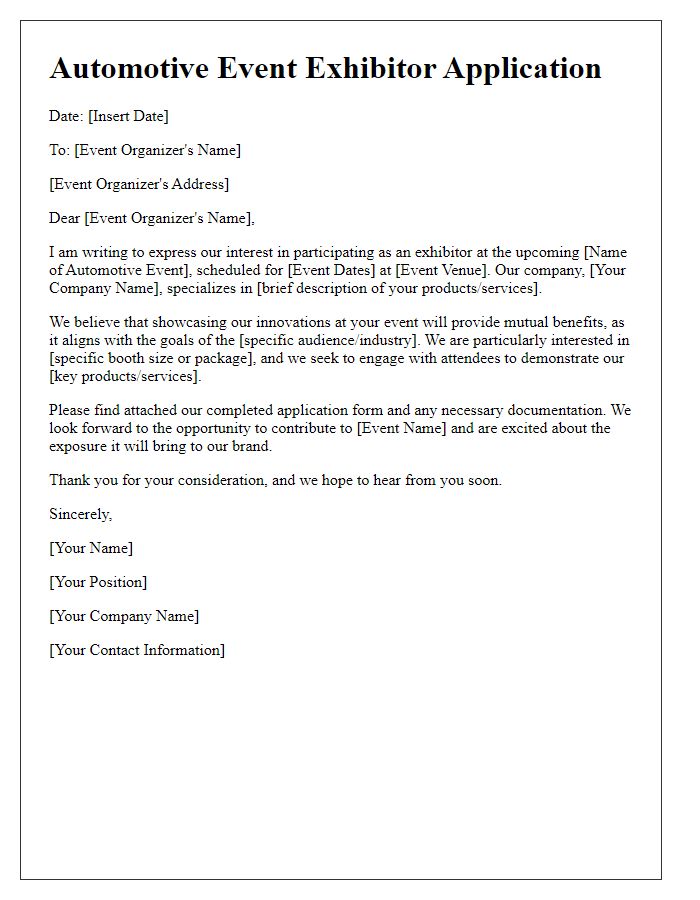 Letter template of automotive event exhibitor application