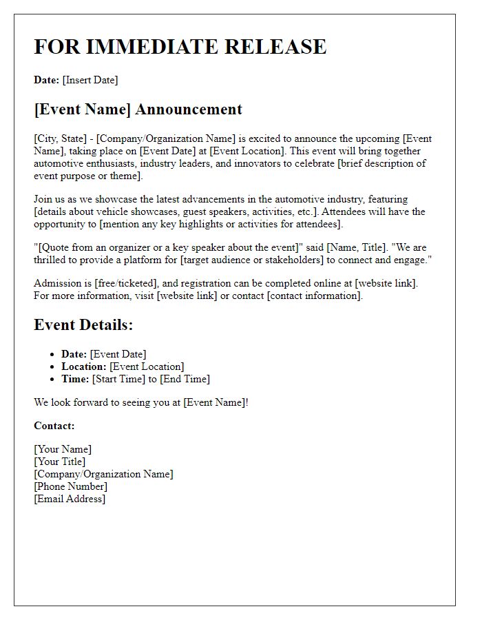 Letter template of automotive event press release announcement