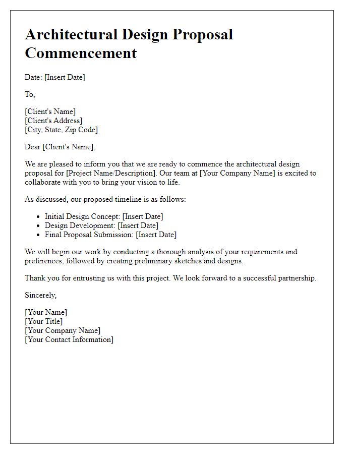 Letter template of architectural design proposal commencement.