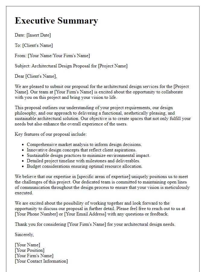 Letter template of architectural design proposal executive summary.