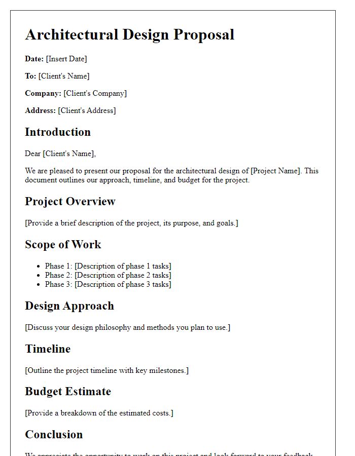 Letter template of architectural design proposal outline.