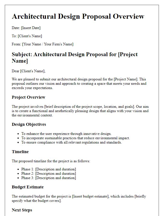 Letter template of architectural design proposal overview.