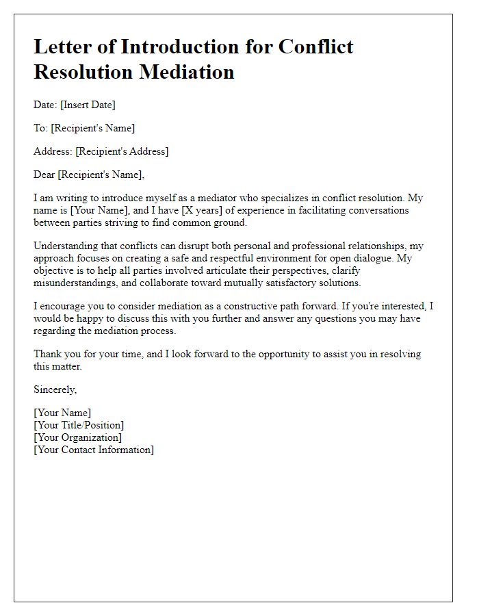 Letter template of introduction for conflict resolution mediation.