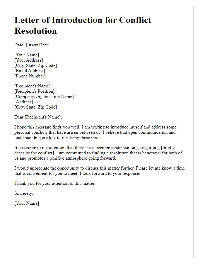 Letter template of introduction for personal conflict resolution.