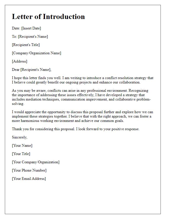 Letter template of introduction for proposing a conflict resolution strategy.