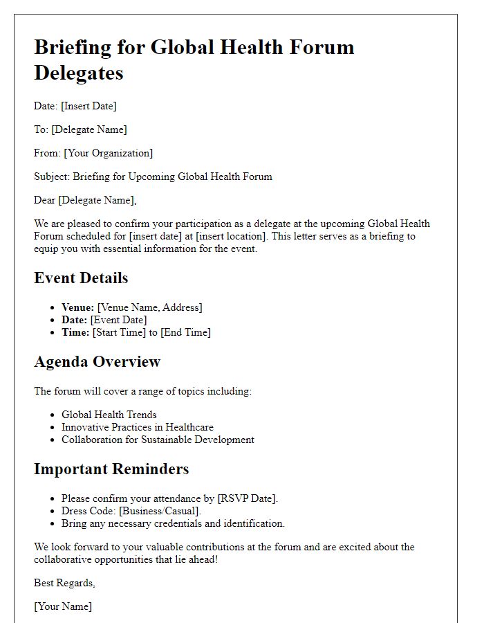 Letter template of briefing for global health forum delegates