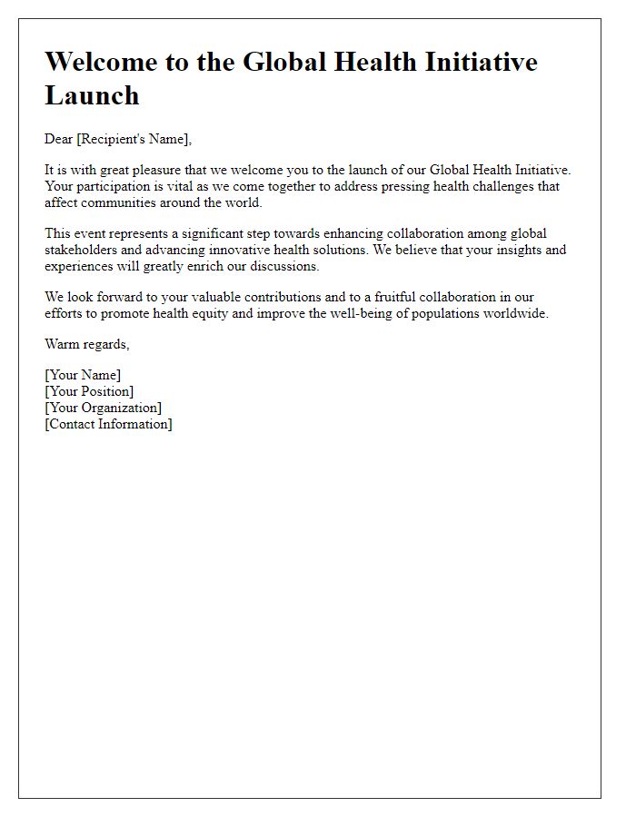 Letter template of cordial welcome for global health initiative launch