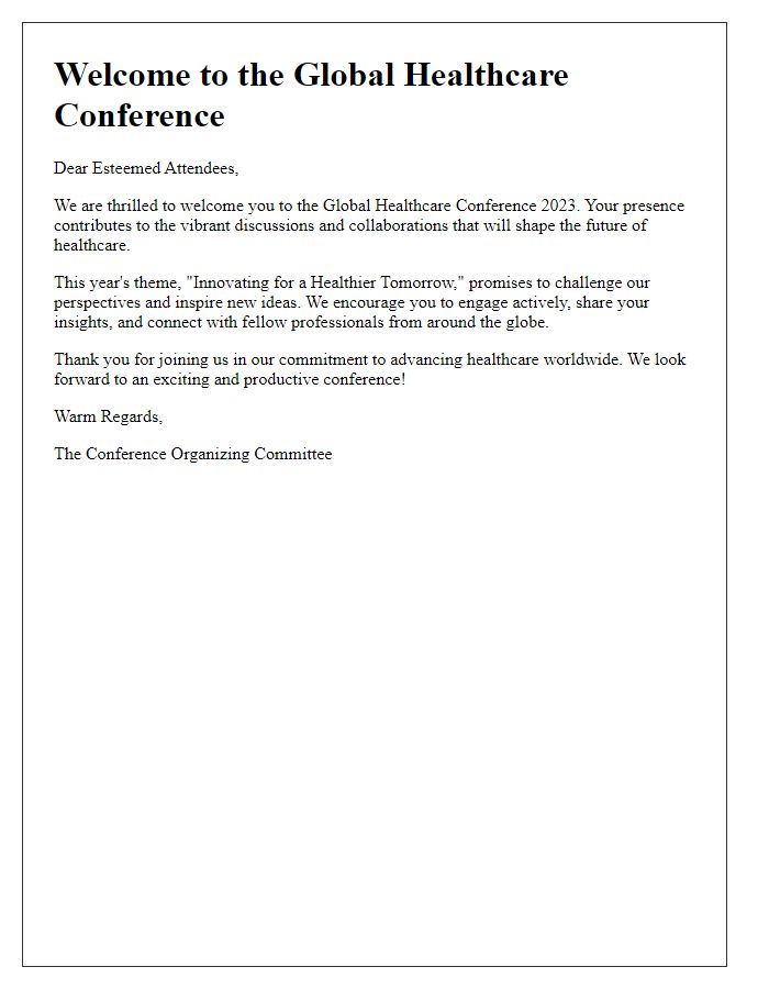 Letter template of greeting note for global healthcare conference attendees