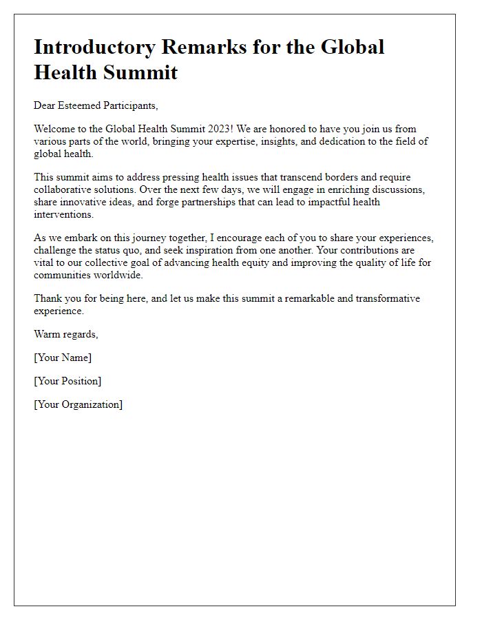 Letter template of introductory remarks for global health summit participants