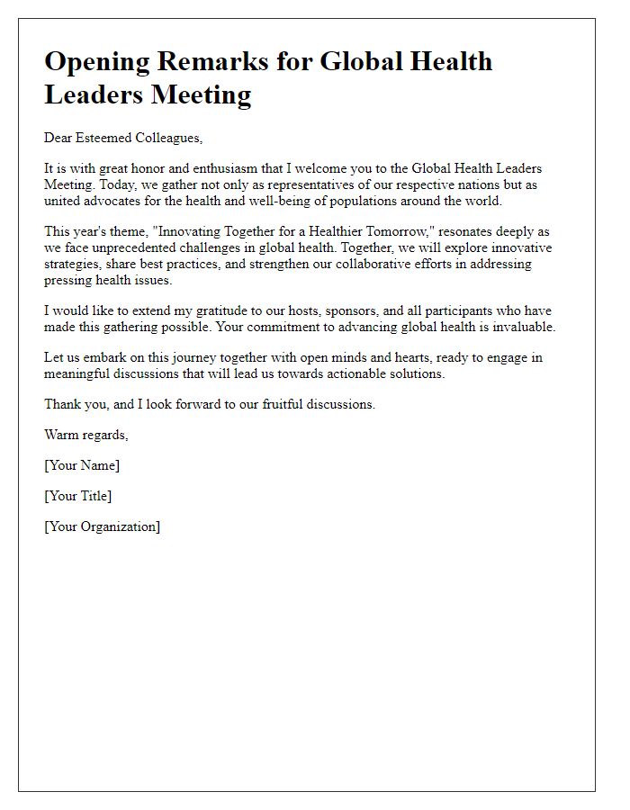 Letter template of opening remarks for global health leaders meeting