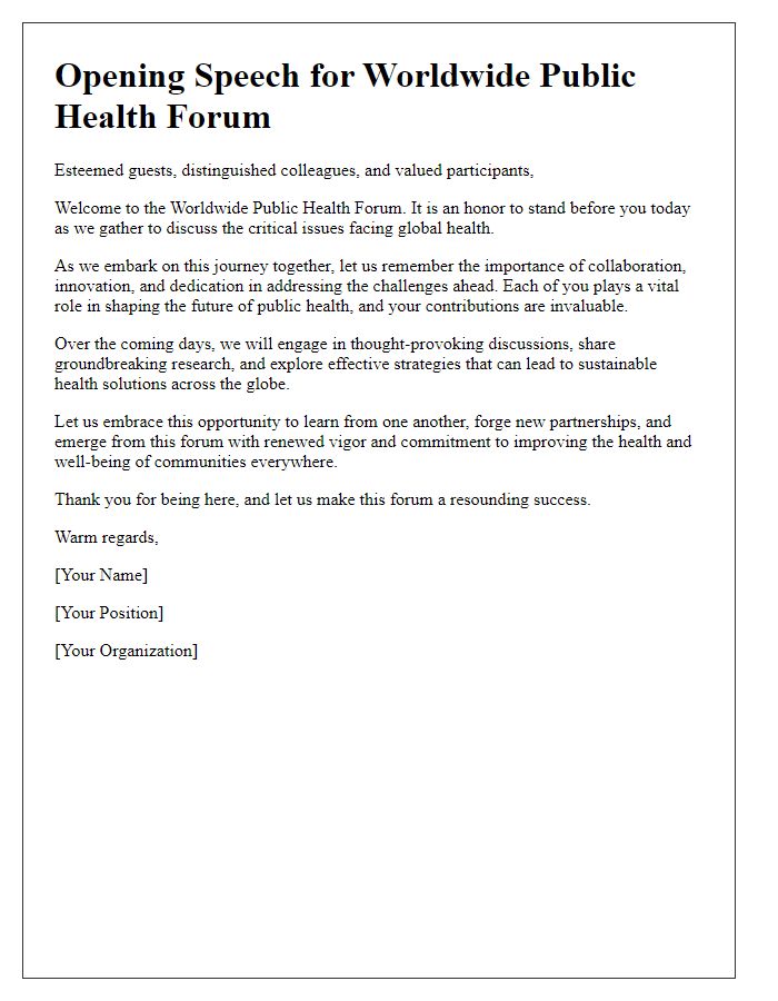 Letter template of opening speech for worldwide public health forum