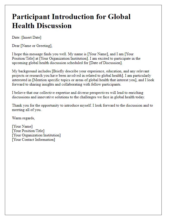 Letter template of participant introduction for global health discussion