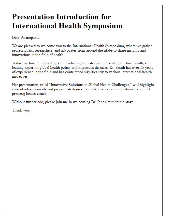 Letter template of presentation introduction for international health symposium