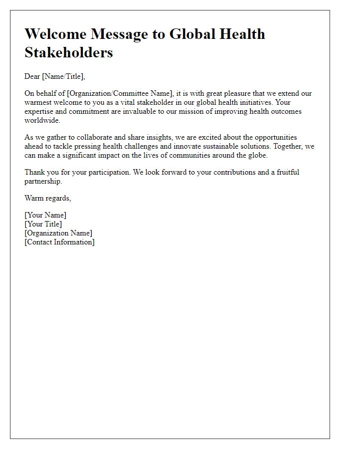 Letter template of welcome message for global health stakeholders