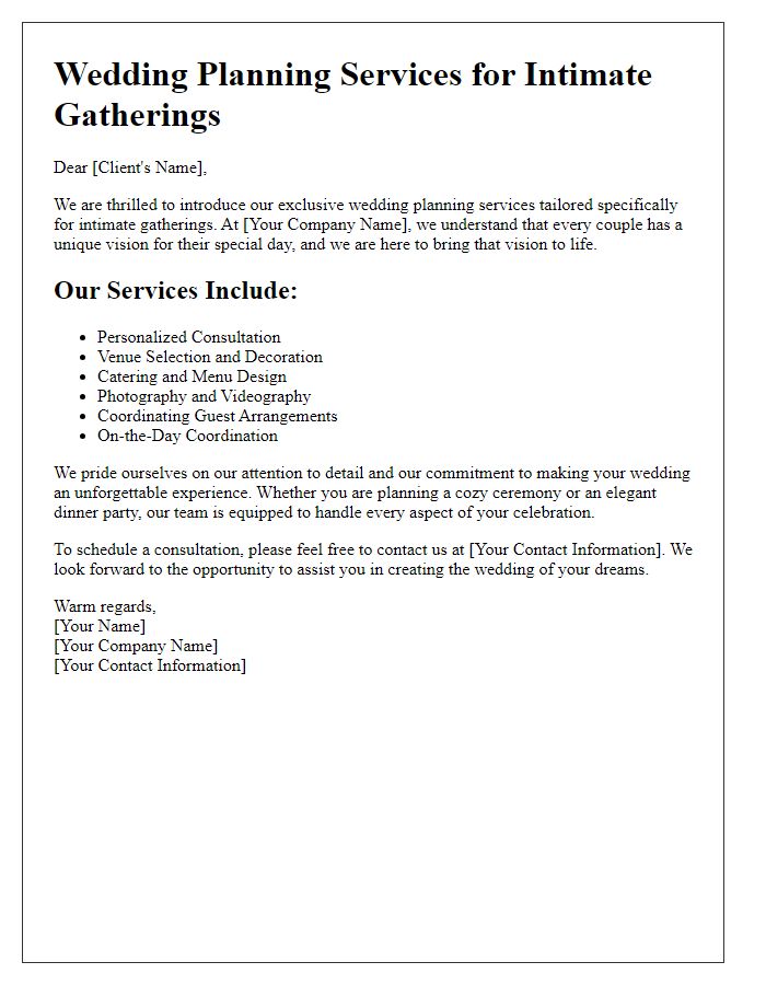 Letter template of wedding planning services for intimate gatherings.