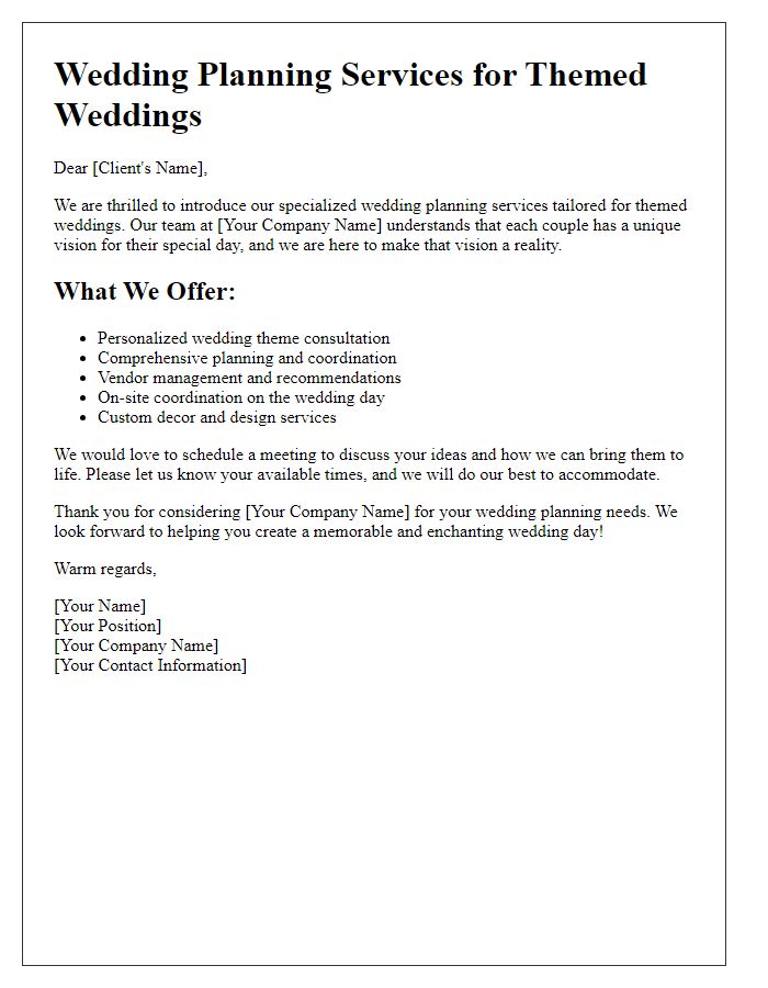 Letter template of wedding planning services for themed weddings.