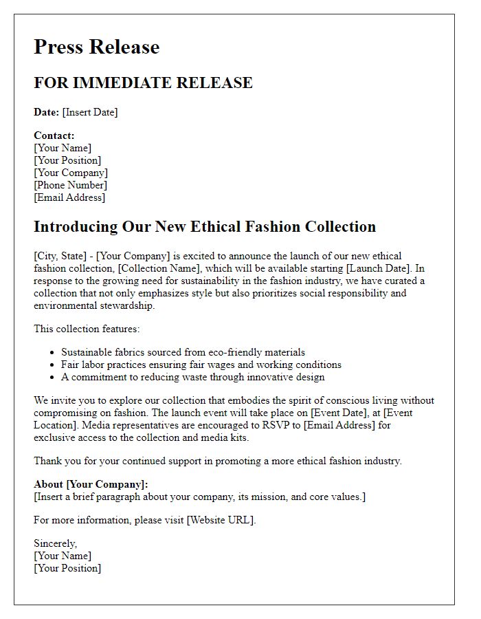 Letter template of ethical fashion collection introduction to press and media.