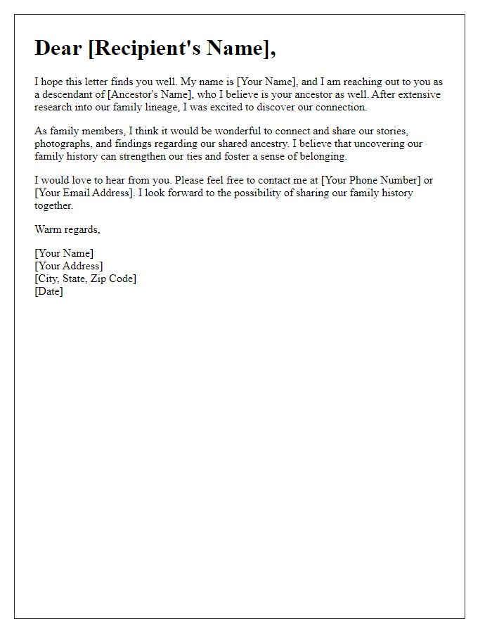 Letter template of descendant connection outreach