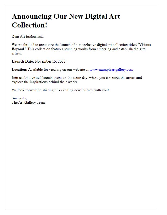 Letter template of digital art collection announcement